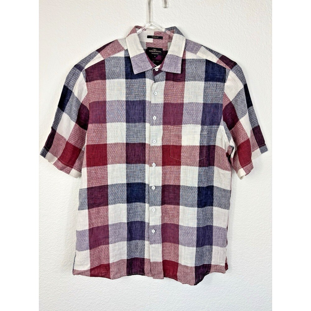 Rodd & Gunn Mens Linen Shirt XL Buffalo Plaid Short Sleeve Red Blue Travel Italy